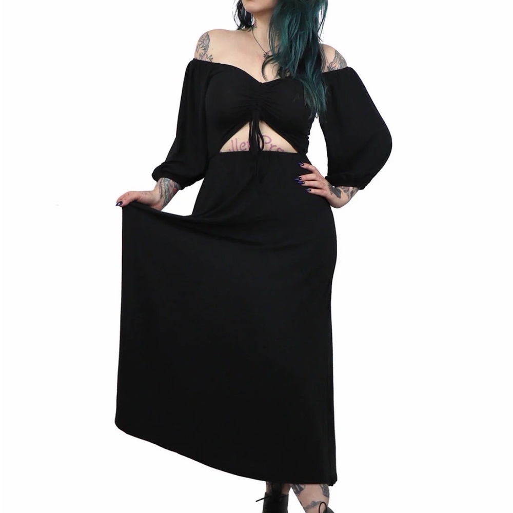 Foxblood Lydia Off-Shoulder Black Maxi Dress with Front Tie and Cutout